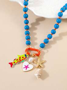 1pc Summer Ocean Style Shell Beach Colorful Beaded Flower Necklace With Fresh Little Fish Multi-Pendant Pearl Girls Necklace - Multicolor - View 7