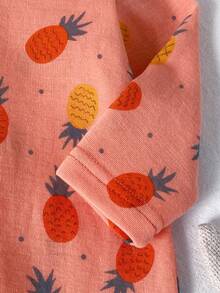 Orange Pink All-Over Pineapple Print Baby Long Sleeve Romper, Round Neck Full Snap Front Elastic Knit Newborn Outing Crawler - Orange - View 5