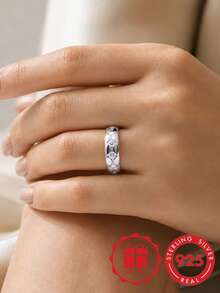 S925 Sterling Silver Starlight Grooved Rhinestone Inlaid Plain Ring, Minimalist Shiny Wavy Multi-Stone Couple Versatile Band With Gift Box - Silver - View 3