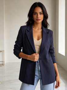 MODA MO, REF: MK0254 Women's Fitted Blazer, Elegant And Modern Jacket, Sophisticated Social Look, Ideal For Valentine's Day, Feminine Style And Charm, Tailoring With Perfect Fit, Executive Fashion With A Romantic Touch - 藏蓝色 - 查看 7