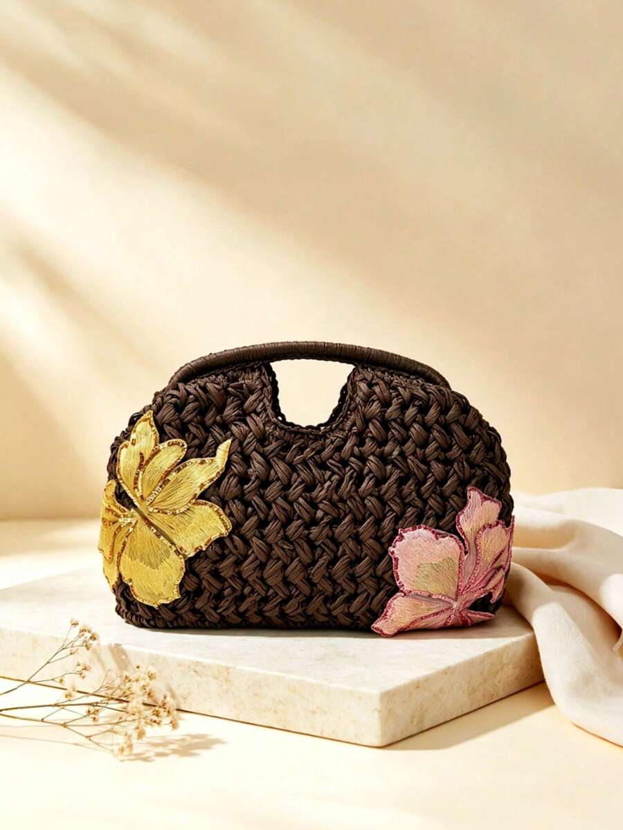 Dedoo 女款草編手提包，花卉刺繡圖案，編織草編材質，鏤空手柄，度假風