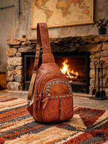 1pc Bohemian Western Style Small Chest Bag, Tassel Bow Zipper Design Multi Layer Pocket Shoulder Bag For Camping Shopping - Brown - View 1