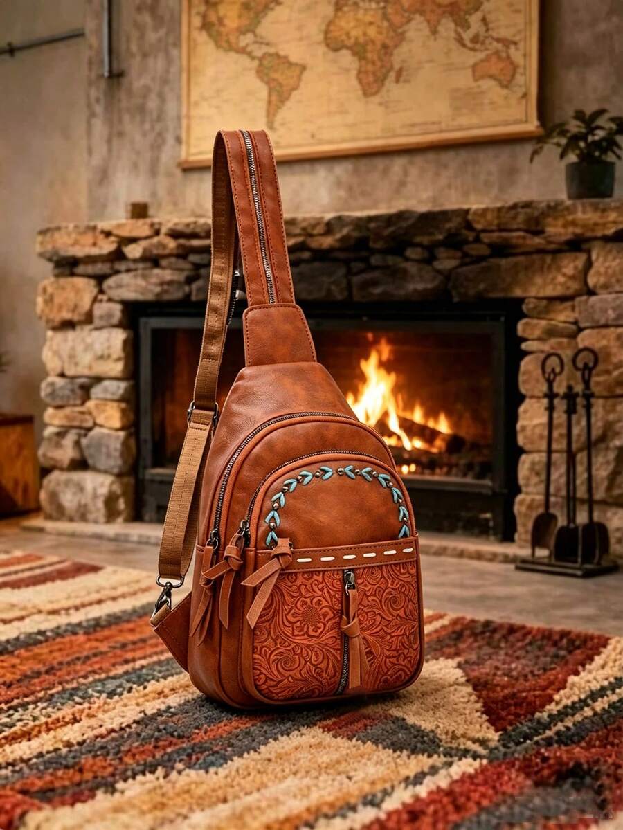 1pc Bohemian Western Style Small Chest Bag, Tassel Bow Zipper Design Multi Layer Pocket Shoulder Bag For Camping Shopping - Brown - View 1