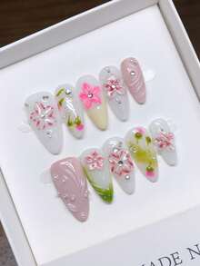 Handmade Wearable Press-On Nails, Almond Shape, Hand-Painted Personalized French Nail Art With 3D Carvings In Western Style, Y2K Style Nails, Unique Niche Creative Press-On Nails, Spring And Summer Daily Nail Art, Detachable And Reusable. - Multicolor - View 6