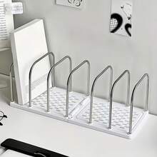 1pc Stainless Steel & PP Material Desktop Bookshelf | Non-Slip Base, Vertical Small Bookshelf With Adjustable Dividers | Modern Simple Office Desk Organizer For Books Storage Space Saving Home Decor - Multicolor - View 6