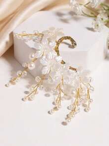 1pc Korean Style Fashion Elegant Bridal Ear Cuff With Floral Design, Handmade Faux Pearl And Rhinestone Ear Clip, Suitable For Evening Party, Wedding, Engagement, Party And Multiple Occasions - Gold - View 5