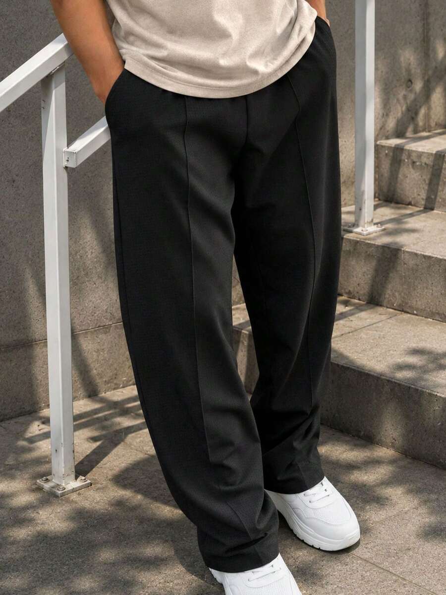 1pc Tween Boys' Casual Solid Color Toothpick Pleated Decor Sports Outdoor Waffle Straight Leg Pants, Spring/Autumn - Black - View 1
