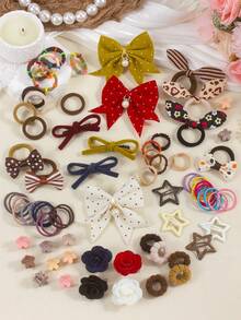 863pcs Faux Suede Brown Tone Vintage Girls Hair Accessories Set, Includes Bow/Flower Hair Clips, Star Snap Clips, Mini Claw Clips, Bow/Rabbit Ear Hair Ties, Bamboo Knot Towel Scrunchies, Ruffle Elastic Hairbands And TPU Rubber Bands, Suitable For Daily, Party, Travel Use - Multicolor - View 5