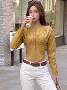 Chic Women's Faux Leather Long Sleeve Top, Round Neck Corset Design, Perfect For Autumn Vintage-Look Styling - Green - View 4