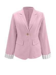 HUTENER Women's Spring Blazer, Elegant Pink Plaid, Featuring Lapel Neck Long Sleeves And Slim Waist.. Fall - Dusty Pink - View 6