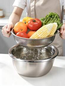 1 Set Thick Stainless Steel Colanders With Mixing Bowl, Rice Washing Bowl, Double-Ear Vegetable Washing Basin,Multi-Size Perforated Strainer Baskets With Handles, Multipurpose Rice, Fruit & Vegetable Washing Bowl For Kitchen - S+M+L - View 3