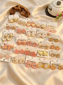 4/8/16/24/32-Piece Set: Vintage Sweet Pink & Gold Heart-Shaped Wavy Stainless Steel Earrings – Women's Jewelry, Party Accessories, Elegant Accessories For Women - Multicolor - View 5