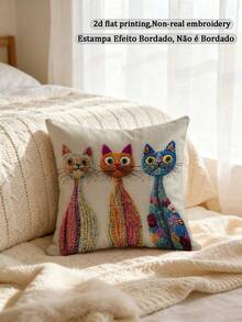 1pc Faux Embroidery Colorful Cat Pillowcase With 3 Cute Kittens Pattern, Suitable For Pet Lovers, Sofa, Bedroom, Home Decor (Pillow Insert Not Included) - Multicolor - View 2