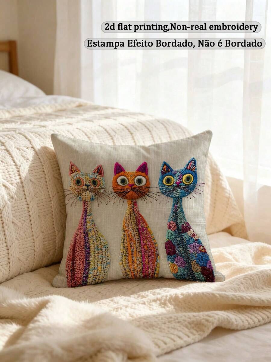 1pc Faux Embroidery Colorful Cat Pillowcase With 3 Cute Kittens Pattern, Suitable For Pet Lovers, Sofa, Bedroom, Home Decor (Pillow Insert Not Included)