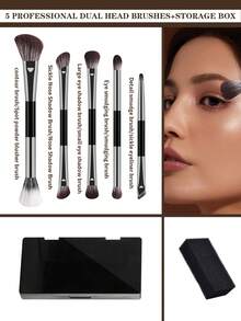 ronshadow Set Kuas Makeup Dua Ujung 5pcs/4pcs dengan Kotak Penyimpanan Cermin, Kuas Kontur, Perona Pipi, Bentuk Sabit, Bentuk Hidung, Bentuk Mata Besar, Bentuk Perpaduan, dan Bentuk Eyeliner, Alat Makeup Portabel untuk Perjalanan Sehari-hari, Kencan, dan Perjalanan Singkat - MultiWarna - View 1