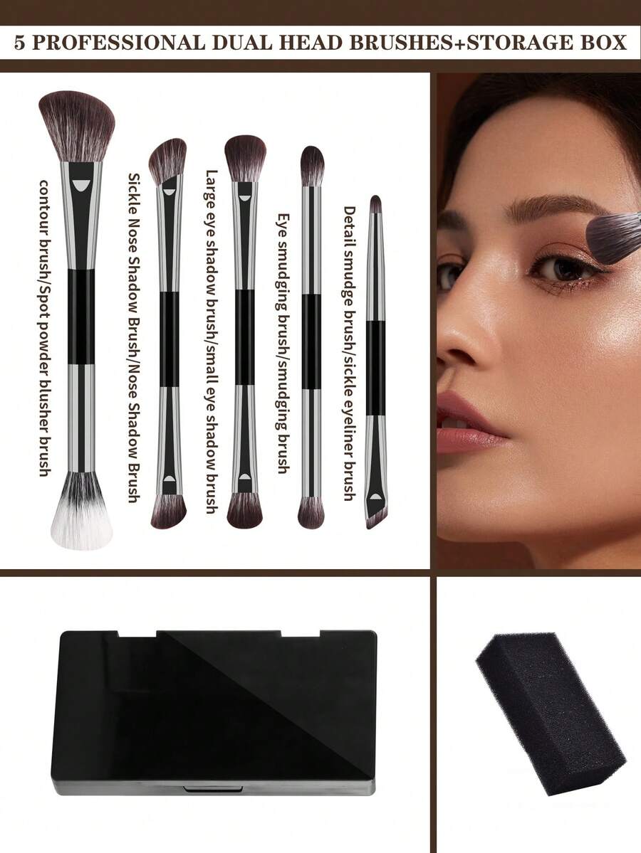 ronshadow Set Kuas Makeup Dua Ujung 5pcs/4pcs dengan Kotak Penyimpanan Cermin, Kuas Kontur, Perona Pipi, Bentuk Sabit, Bentuk Hidung, Bentuk Mata Besar, Bentuk Perpaduan, dan Bentuk Eyeliner, Alat Makeup Portabel untuk Perjalanan Sehari-hari, Kencan, dan Perjalanan Singkat - MultiWarna - View 1
