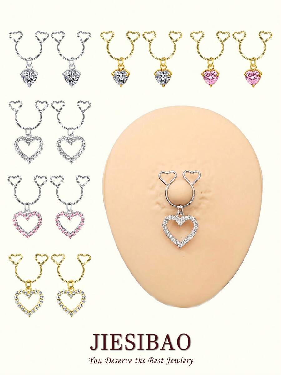 JIESIBAO Dangle Fake Nipple Ring Non-Piercing Clip On Nipple Rings Non Piercing Nipple Jewelry Bells Dangle Heart Adjustable Cute Body Jewelry - Multicolor - View 1