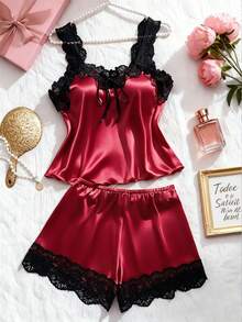 2pcs/Set New Colorblock Women's Sexy Lingerie Set, Lace Trim Ruffle Top + Lace Patchwork Panties, Comfortable Home Sleepwear Sexy Lingerie Set - Burgundy - View 10