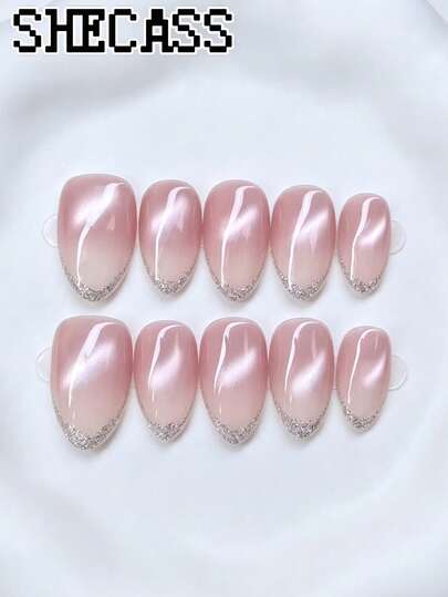 Shecass 10pcs High-Quality Almond Handmade Nails Press On Nails Cat-Eye Nude Nails Short Nails Y2K Style Summer Nails Daily Wear Graduation Travel Holidays Gifts Suitable For Parties And Music Festivals Back To School
