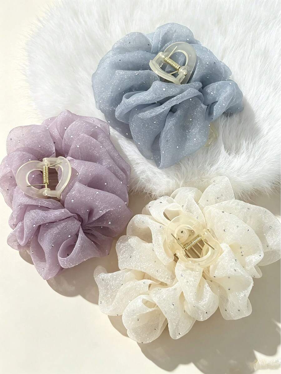 Juego de 3 pinzas para el cabello con flores de tul con brillo, pinzas florales de tela color macaron, accesorios para el cabello románticos para mujeres - Multicolor - Ver 1