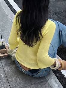 Chic Women's V-Neck Wrap Knit Top With Three Quarter Flare Sleeves Fuzzy Rib-Knit Regular Length Semi-Sheer Slight Stretch For Fall Fashion - Yellow - View 6
