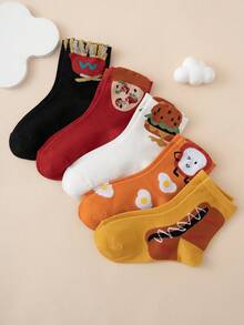 5 Pairs Hamburger & French Fries Pattern Funny Cartoon Mid-Calf Socks For Kids, Autumn/Winter, Back To School, Christmas - Multicolor - View 1