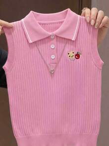 返校季女款學院風純色刺繡 Polo 領針織薄款鈕扣開襟背心，3 件隨機發送 1 件，適合日常休閒，春夏秋季穿著 - 粉色 - 查看 2