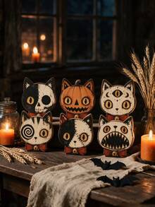 6pcs/1pc Vintage Halloween Indoor Decor, 15cm/5.91in Halloween Cat Wooden Shelf Decor Blocks, Skull, Black Cat, Primitive Style Halloween Decoration, Housewarming Gift, Gothic Style Wooden Cat Head, Handmade Distressed Antique Skull Cat Head, Indoor Decoration, Vintage Wooden Block Shelf Decor, 6 Styles Available, Collectible Figurines - Multicolor - View 11