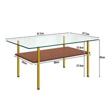 Modern Coffee Table With Glass Top And MDF Shelf, Living Room Table With Gold Metal Legs, Rectangular Sofa Table With Luxurious Design, Wood Effect-H45/L98/D58 Cm - 棕色 - 查看 6