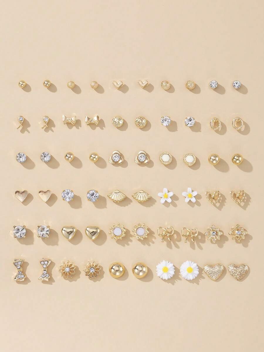 1套30對時尚愛心、蝴蝶結、雛菊、太陽元素耳環組合，女款極簡優雅禮品耳釘耳環套組