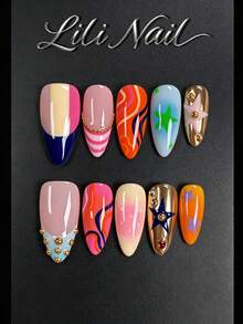 10pcs Handmade Press On Nails Almond Nails, Cute Summer Nails, Pink Nails, Star Print, Striped Pattern, French Tip, Powder,Gradient, Gold Bead, Rhinestone Nails, Hand Painted, Daily Party Wear Reusable Nail Set With Nail Tools - Multicolor - View 2