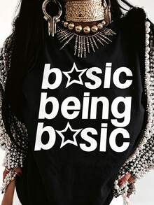 Plus Size Women 100% Cotton Crew Neck Tee, Basic Being Basic Star Letter Print, Casual Summer Short Sleeve For Commute Outing Vacation Daily Wear - 黑色 - 查看 1