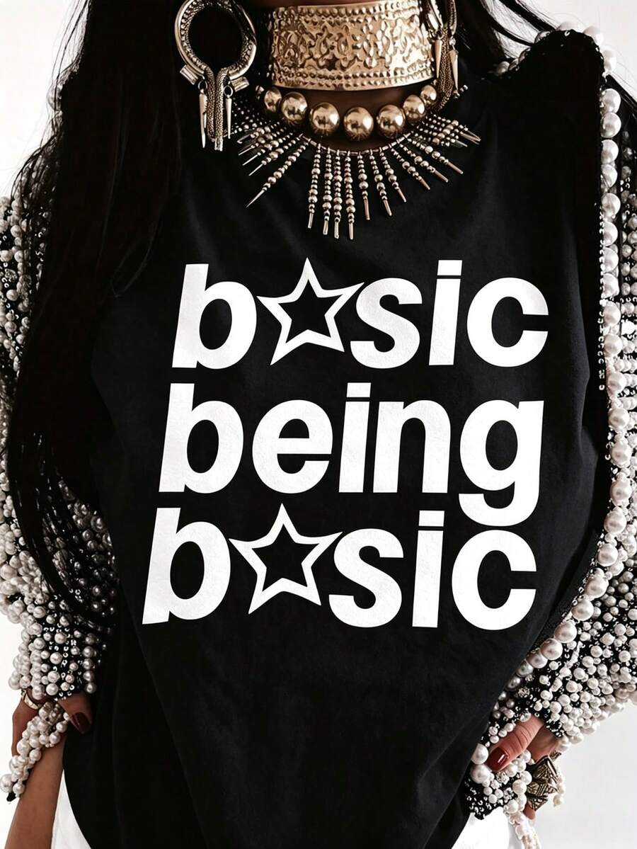 Plus Size Women 100% Cotton Crew Neck Tee, Basic Being Basic Star Letter Print, Casual Summer Short Sleeve For Commute Outing Vacation Daily Wear - 黑色 - 查看 1