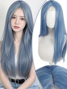 Halloween Blue Long Straight Wig, Synthetic Fiber, Middle Part Lace Front Wig, Cosplay Party, Daily Lolita Fashion Hair Accessory - Multicolor - View 12