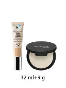 IT Cosmetics [حزمة] كريم أساس Your Skin But Better CC+ Nude Glow SPF40 متوسط 32 مل + بودرة تثبيت Bye Bye Pores مضغوطة شفافة 9 جرام - متوسط + شفاف - مشاهدة 2