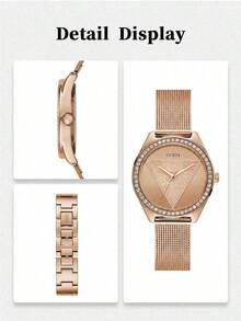 GUESS Women's Minimalist Dual-Needle Brand Inverted Triangle Logo Dial Adjustable Metal Mesh Band Office Formal Watch W1142L4 - Rose Gold - View 5
