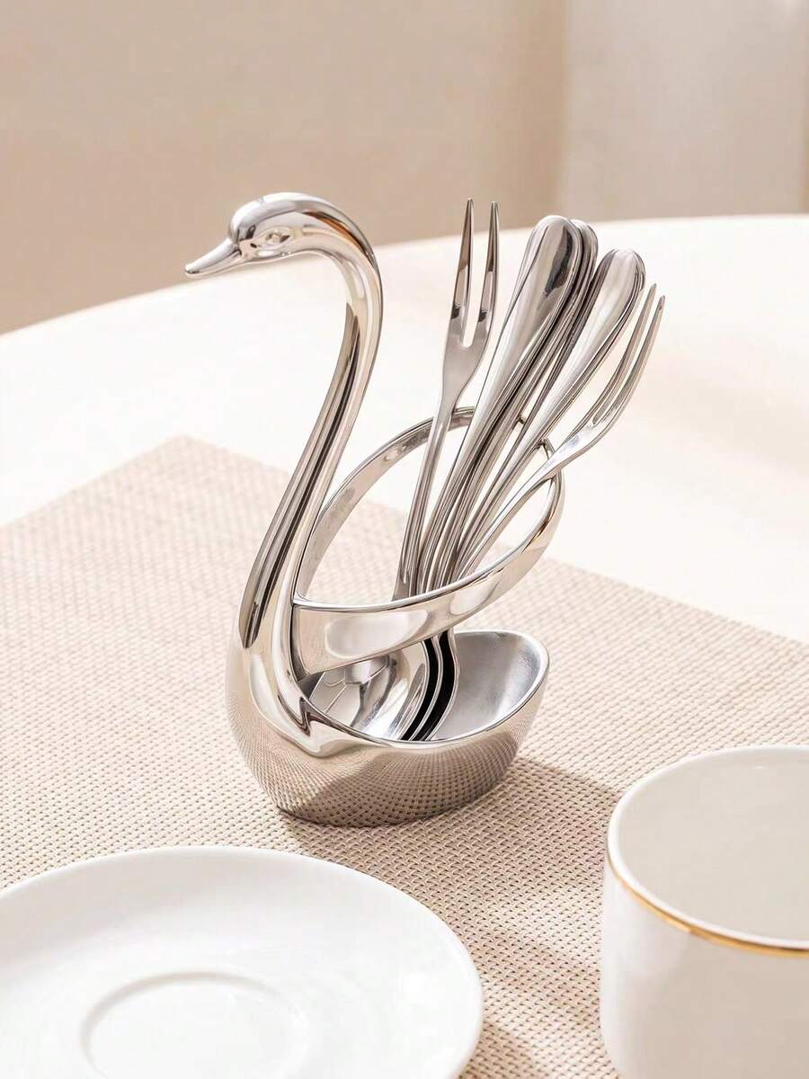 1pc Creative Swan Shaped Zinc Alloy Cutlery Holder, Elegant Desktop Small Cutlery Storage Rack, Decorative Table Ornament For Kitchen And Dining Room
