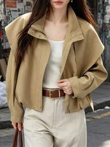 European And American Fashion Women's Casual Commute Versatile Solid Color Zipper Metal Button Shawl Collar Short Jacket Coat Suitable For Daily Wear, Dating, Home, Spring And Autumn - Khaki - View 4