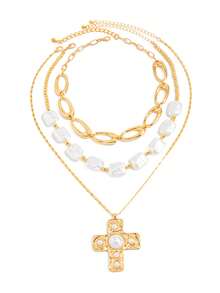 3pcs/Set Asymmetrical CCB Pearl Cross Pendant Necklace, Vintage Unique Clavicle Chain Necklace Suitable For Daily Wear And Party - Multicolor - View 5