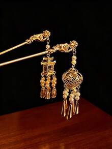 1pc Pearl Tassel Lantern Hair Pin Vintage Chinese Style Bun Hair Accessory Exquisite Hair Decoration Suitable For Festival Party Outfit Matching - Multicolor - View 3