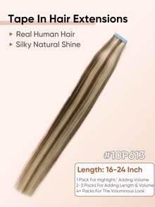 Jessie's Wig 20pcs 50g Tape In Hair Extension, 100% Real Remy Human Hair Extension For Salon Silky Seamless Invisible Skin Weft Tape Ins, Highlight Color, For Thinning Hair Woman Natural Look Can Be Reused ,Add Volume Halloween Costumes 10P613# - S10/613 - View 2