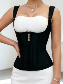 European And American Cross-Border Women's Button & Zipper Vest Style Waist Cincher, Court Style Corset, Tummy Control, Body Shaping Top - Black - View 2