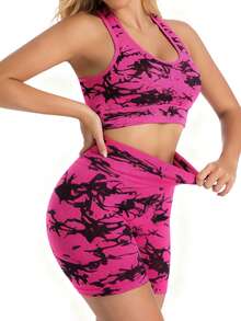 Abstract Splatter Print Seamless 2-Piece Workout Set, Racerback Crop Top And High-Waisted Biker Shorts - Hot Pink - View 3