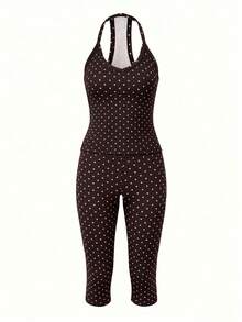 GLAMSKIN 女款夏秋基礎波點細肩帶兩件式家居服上衣，返校休閒街頭風優雅穿搭 - 棕色底粉波點 - 查看 3