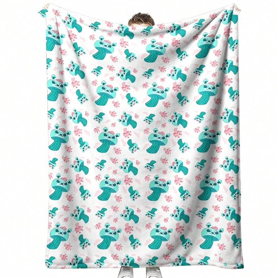 1pc Cute Emerald Green Cartoon Mushroom Bow Flannel Printed Blanket, White Background With Cute Blue Mushroom And Pink Heart Pattern, Soft And Lightweight, Comfortable, Suitable For Home Decor Blanket, Applicable For Sofa, Bed, Office, Camping, Bedroom And Other Scenes - Multicolor - View 1