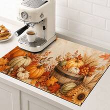 1pc Autumn Harvest Pumpkin & Maple Leaf Print Diatomaceous Earth Kitchen Drain Mat, Absorbent Quick-Drying Non-Slip Coffee Machine Mat, Suitable For Kitchen Countertops, Dining Tables And Thanksgiving Home Decor - Multicolor - View 4