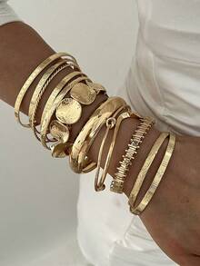 12/7pcs Vintage Elegant Wide Plain Metal Disc Beaded Elastic Bracelet Set, Suitable For Women's Daily, Party, Vacation And Multiple Occasions, Gift - Gold - View 5