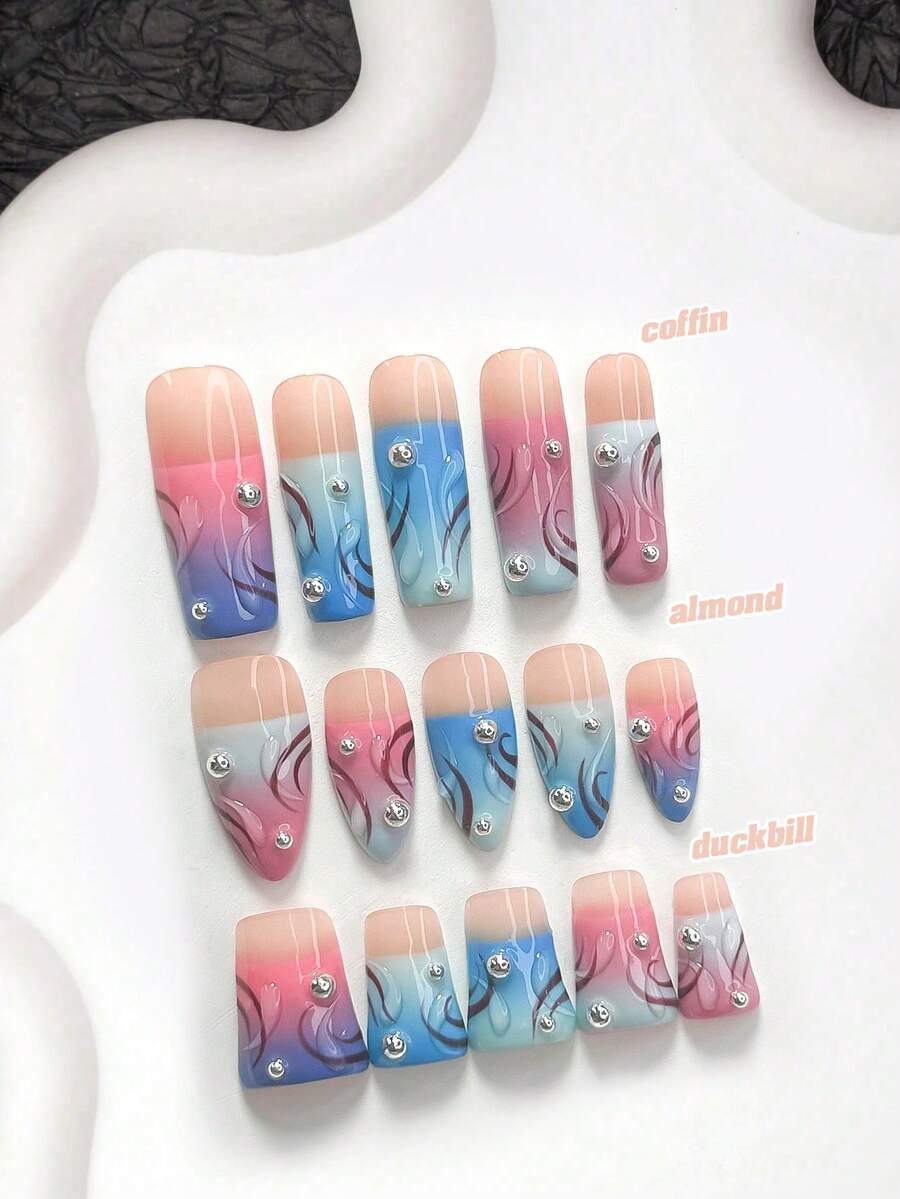 10件裝時尚手工穿戴式美甲,Polygel美甲套組,手繪花卉圖案,粉色與藍色指甲油,優雅風格,附美甲工具,3種尺寸可選,杏仁形、鴨嘴形、棺材形,適合派對、跳舞、日常配戴 - 彩色 - 查看 1