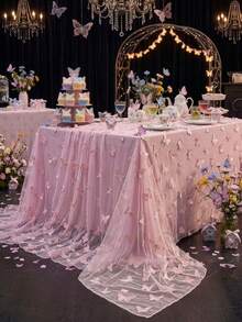 1pc Pink Butterfly Mesh Tablecloth, Double-Sided Polyester Lace Table Cover, Size 220*130cm, Wedding Decoration, Bridal Shower Decor, Birthday Party Decor, Banquet Table Decor, Anniversary Celebration, Table Decoration - Pink Butterfly - View 7