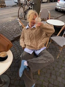 Cable Knit Drop Shoulder Oversized Sweater, Apricot Beige Long Sleeve Crew Neck Loose Cropped Pullover Fall Knit Jumper#Fdoc - Camel - View 1